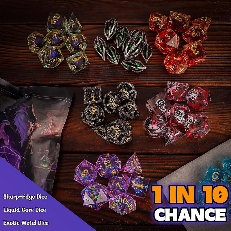BiiSaa DND Mystery Dice Set – 7 Random Polyhedral RPG Dice, 4 Metal Coins, Enamel Pin & Velvet Bag – 1 in 10 Chance to Get Premium Dice – Gift for TTRPG Player, DM & Dice Goblin (Standard Edition) - Image 4